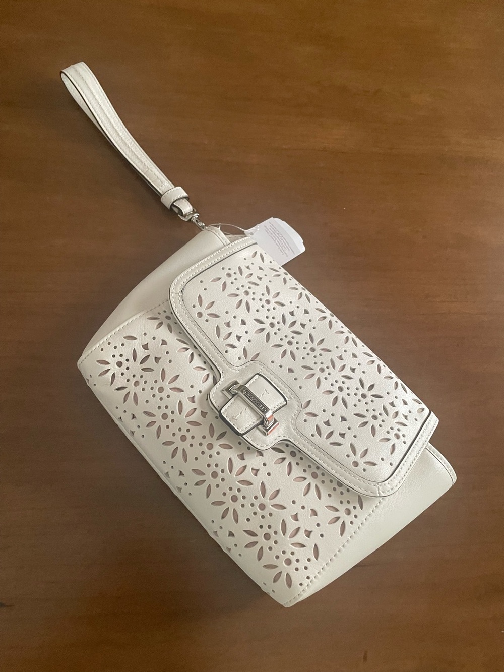 Coach White Laser-Cut Leather Wristlet Clutch
